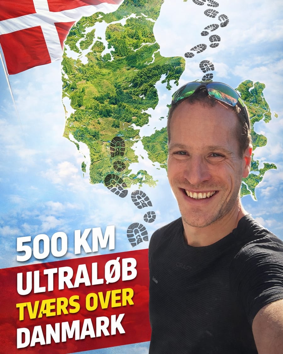 Plakat for soloprojektet Danmark på tværs: 500 km ultraløb, med Danmarkskort og David.