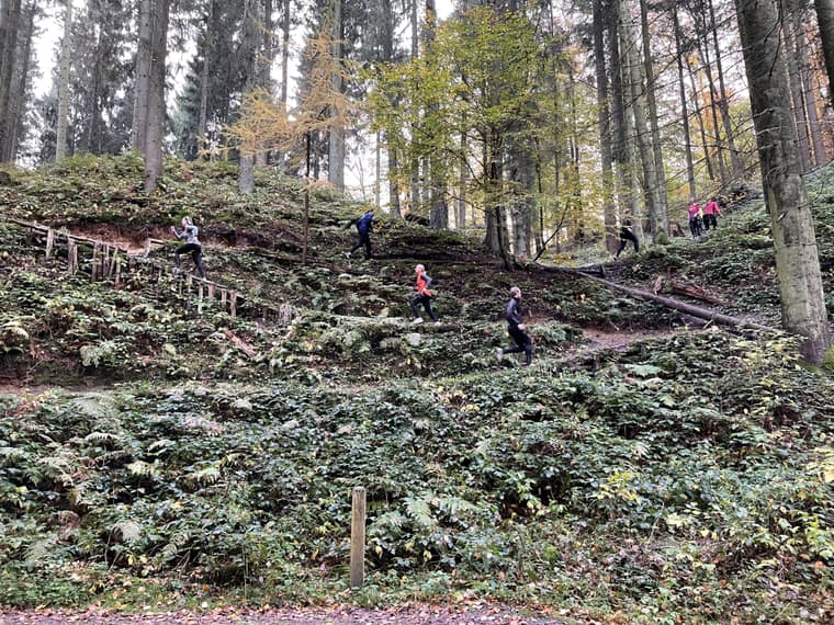 Deltagere på en trailworkshop løber op ad en bevokset skovskråning.